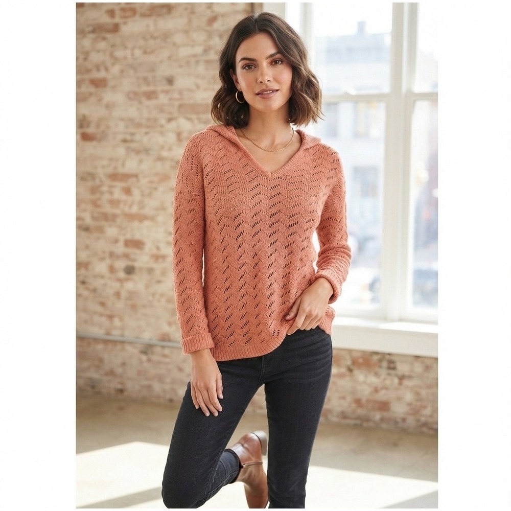 Natural Reflections Terracotta Pointelle Knit Hooded Sweater Women Small V-Neck